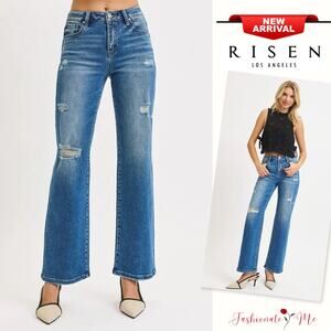 RISEN High Rise Front Body Distressed Details Medium Wash Ankle Straight Jeans